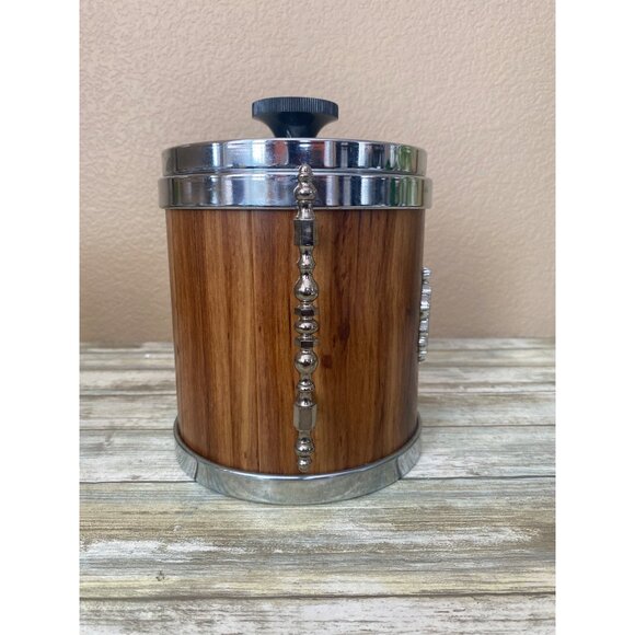 Mid Century M Taka Japan Ice Bucket Teak-Tone Woodgrain Chrome Lid Retro Barware - Picture 8 of 13